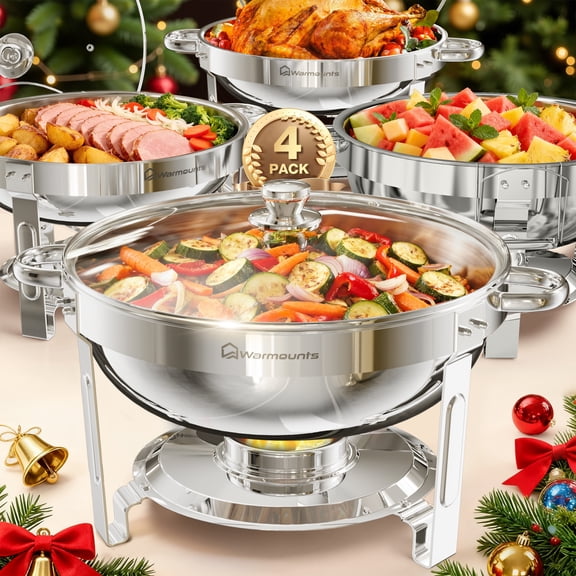 WARMOUNTS Round Chafing Dish Buffet Set 4 Pack, 5QT Buffet Chafe Warmer Set, Polished Stainless Steel Chafing Dish for Buffet with Glass Lid & Holder for Party Events, No Finger Cuts