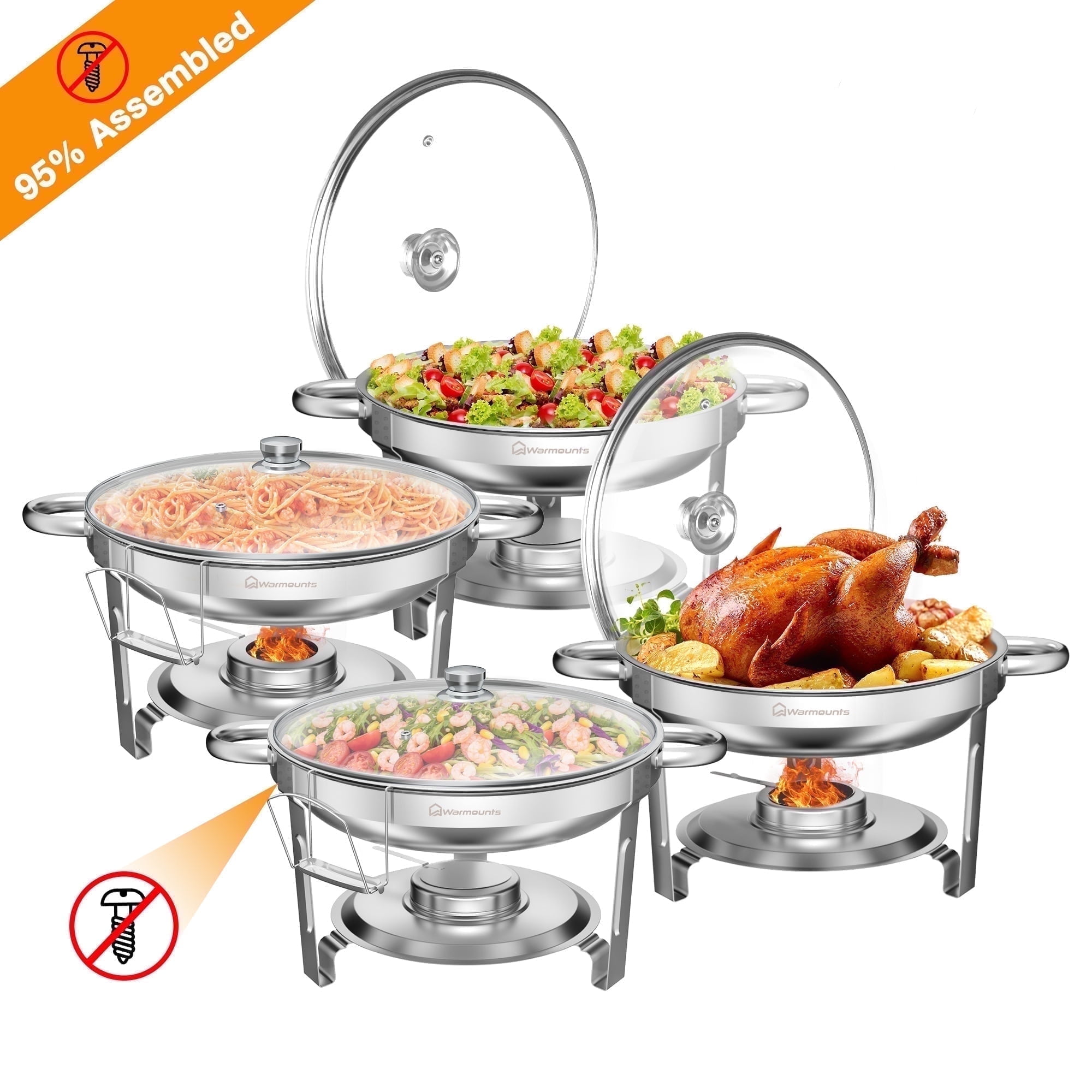 5QT Stainless Steel Round Chafing Dish Buffet Set with Glass Lid, 4-Pack