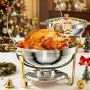 WARMOUNTS Gold Chafing Dish Buffet Set 2 Pack, 5QT Round Stainless Steel Chafers and Buffet Warmers Sets with Glass Lid & Lid Holder for Parties Catering Events, Polished & No Finger Cuts