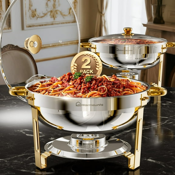 WARMOUNTS Gold Chafing Dish Buffet Set 2 Pack, 5QT Round Stainless Steel Chafers and Buffet Warmers Sets with Glass Lid & Lid Holder for Parties Catering Events, Polished & No Finger Cuts