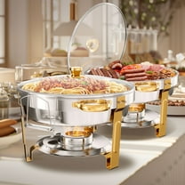 WARMOUNTS Chafing Dish Buffet Set, 5QT 2 Pack Gold Accent Stainless Steel Chafers and Buffet Warmers Sets with Glass Lid & Lid Holder for Parties Catering Events Weddings Banquets