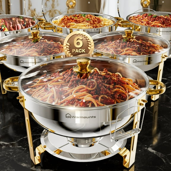 WARMOUNTS Gold Chafing Dish Buffet Set 6 Pack, 5QT Round Stainless Steel Chafers and Buffet Warmers Sets with Glass Lid & Lid Holder for Parties Catering Events, Polished & No Finger Cuts