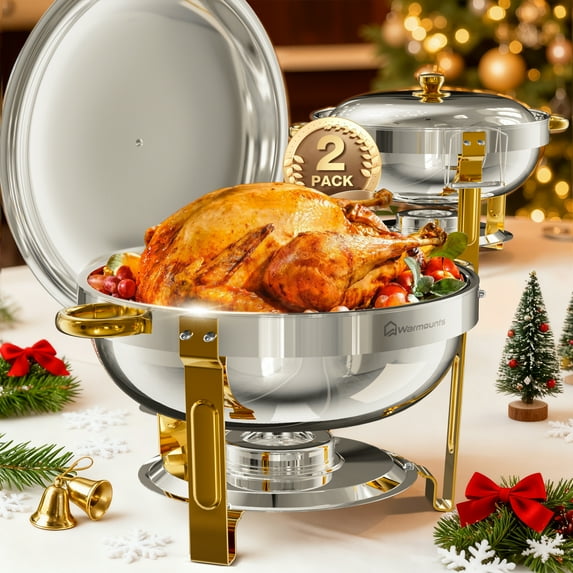 WARMOUNTS Gold Chafing Dish Buffet Set 2 Pack, 5QT Round Stainless Steel Chafers and Buffet Warmers Sets with Lid & Lid Holder for Parties Catering Events, Polished & No Finger Cuts