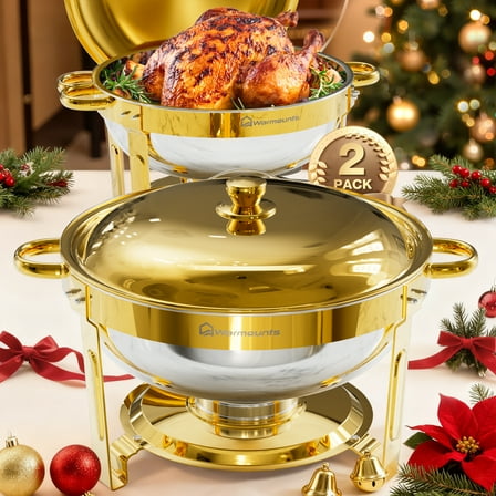 WARMOUNTS Gold Chafing Dishes for Buffet 2 Pack, Stainless Steel Chafing Dish Buffet Set 5QT, Round Chafing Dishes with Lid & Holder, Mirror-Polished No Finger Cuts for Party Catering Events Wedding