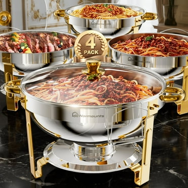 WARMOUNTS Gold Chafing Dish Buffet Set 4 Pack, 5QT Round Stainless Steel Chafers and Buffet Warmers Sets with Glass Lid & Lid Holder for Parties Catering Events, Polished & No Finger Cuts
