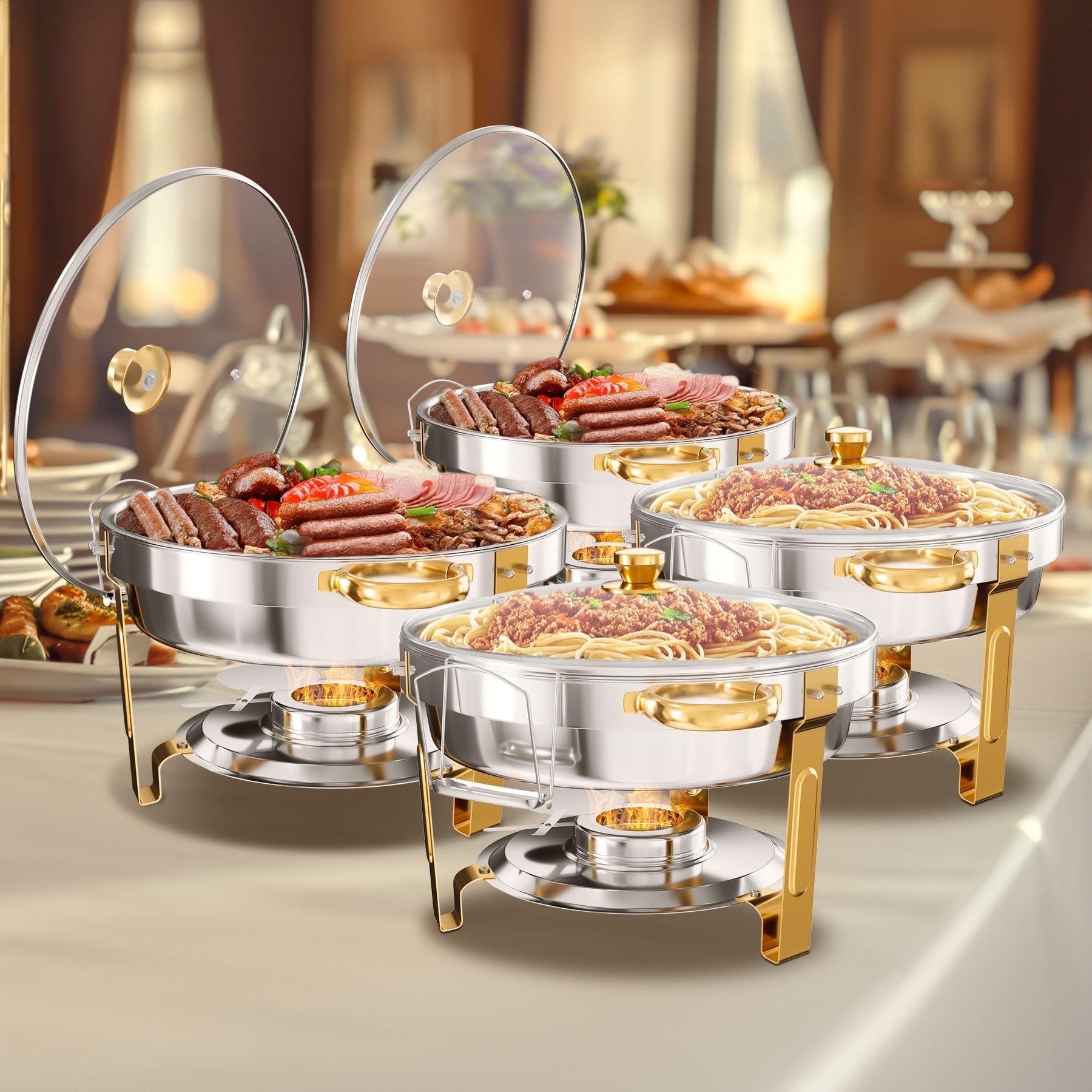 Gold Accent Stainless Steel Round Chafing Dish Buffet Set with Glass Lid, 5QT, 4 Pack