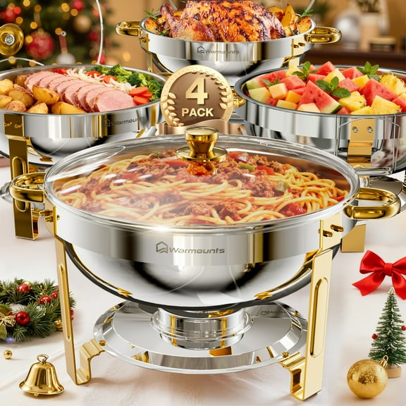WARMOUNTS Gold Chafing Dish Buffet Set 4 Pack, 5QT Round Stainless Steel Chafers and Buffet Warmers Sets with Glass Lid & Lid Holder for Parties Catering Events, Polished & No Finger Cuts