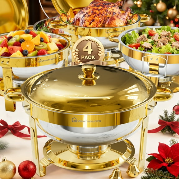 WARMOUNTS Gold Chafing Dishes for Buffet 4 Pack, Stainless Steel Chafing Dish Buffet Set 5QT, Round Chafing Dishes with Lid & Holder, Mirror-Polished No Finger Cuts for Party Catering Events Wedding