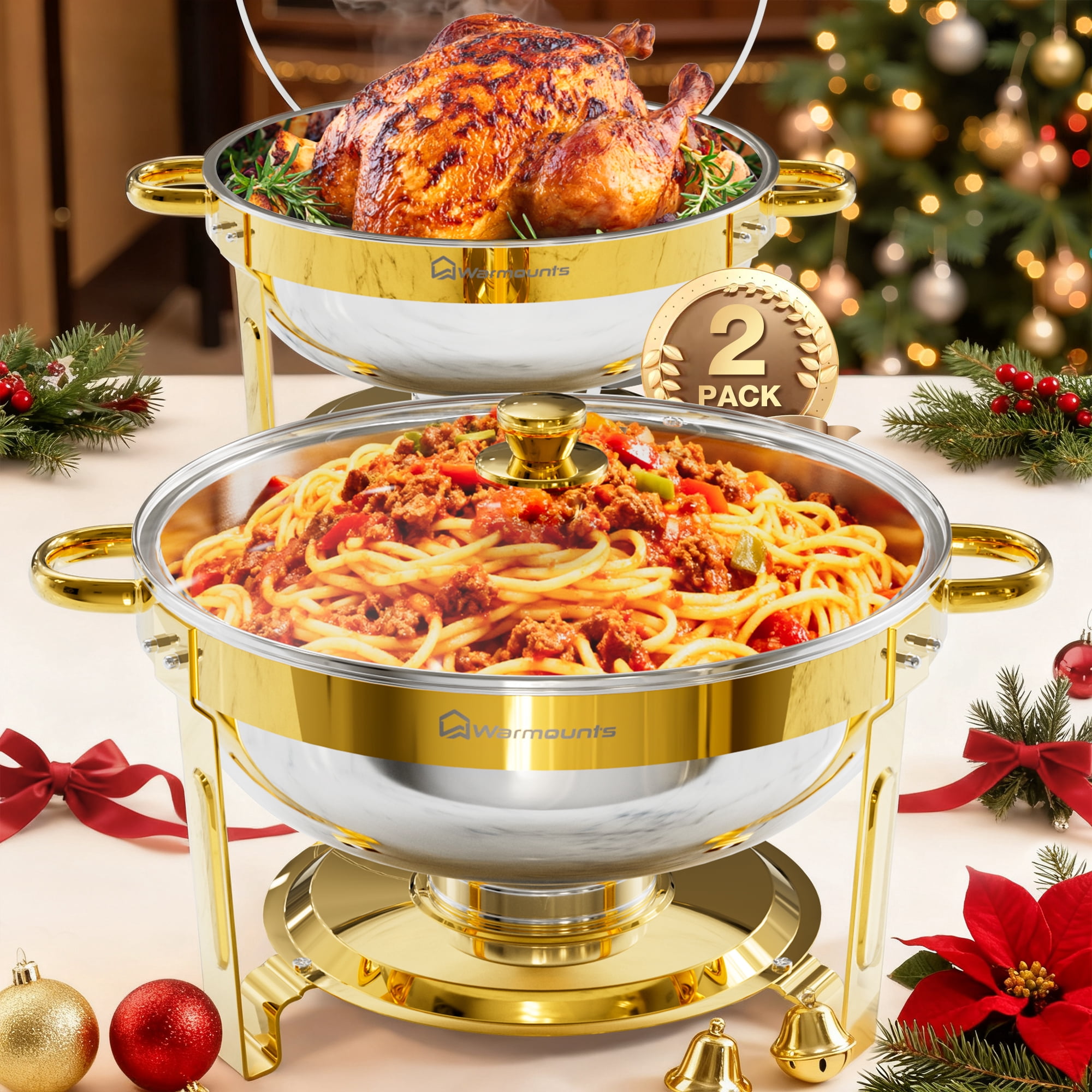 Gold Chafing Dishes For Buffet 5QT 2 Pack Round Stainless Steel Chafing Dish Set