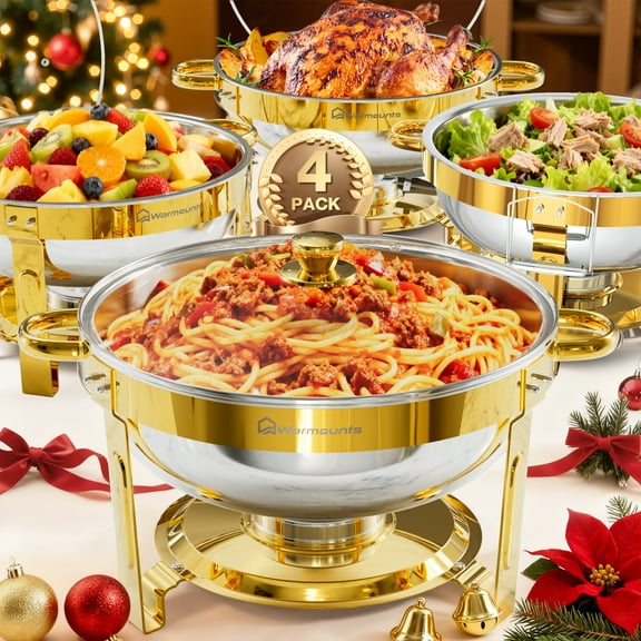 WARMOUNTS Gold Chafing Dishes for Buffet 4 Pack, Stainless Steel Chafing Dish Buffet Set 5QT, Round Chafing Dishes with Glass Lid & Holder, Mirror-Polished No Finger Cuts for Party Events Wedding