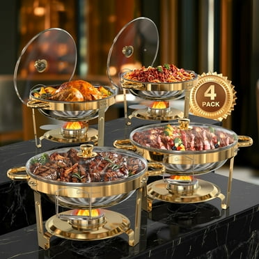WARMOUNTS Chafing Dish Buffet Set, 5QT 4 Pack Upgrade Gold Accent Stainless Steel Chafers and Buffet Warmers Sets with Glass Lid & Lid Holder for Parties Catering Events Weddings Banquets