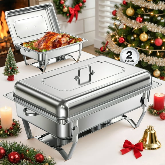 WARMOUNTS Chafing Dishes for Buffet 9QT 2 Pack, Easily Assemble Food Grade 430 Stainless Steel Chafing Dish Buffet Set w/Foldable Frame, No Finger Cut Chafers for Catering, Party (Full Size Pan)