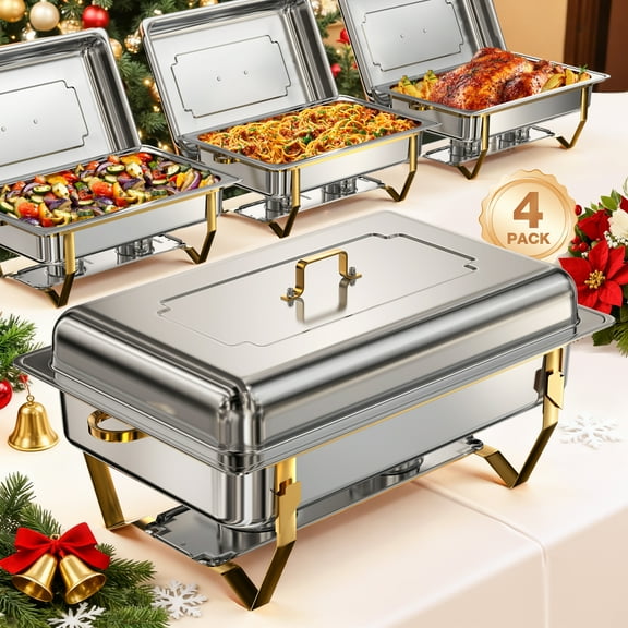 WARMOUNTS 9QT Gold Chafing Dishes for Buffet 4 Pack - Easy Assembly, Food-Grade Stainless Steel Chafers for Catering w/Rolled Rim Design, Foldable Frame, for Party, Banquet (Full Size Food Pan)