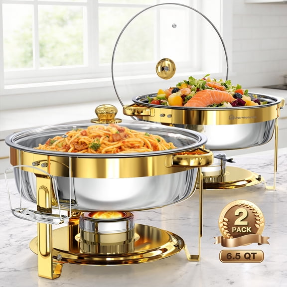 WARMOUNTS Chafing Dishes for Buffet,2 Pack 6.5QT Round  Stainless Steel Chafers Sets,Food Warmers for Parties, Catering, Weddings, Events Dinners