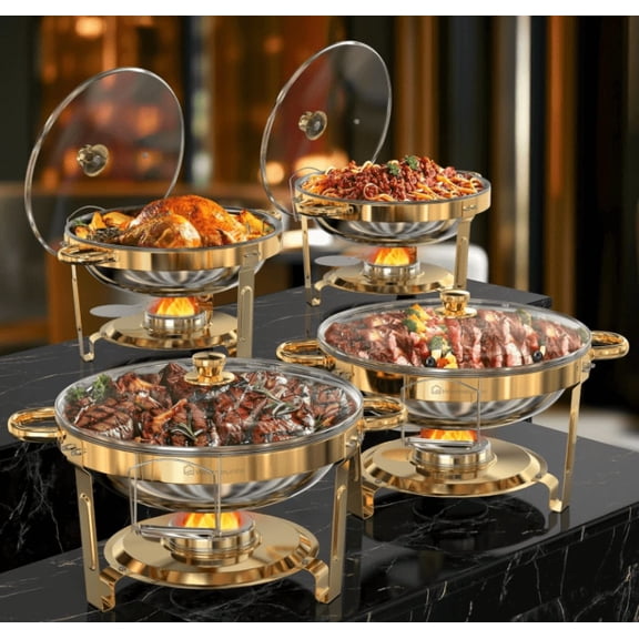 WARMOUNTS Gold Chafing Dishes for Buffet 6 Pack, Stainless Steel Chafing Dish Buffet Set 5QT, Round Chafing Dishes with Glass Lid & Holder, Mirror-Polished No Finger Cuts for Party Events Wedding