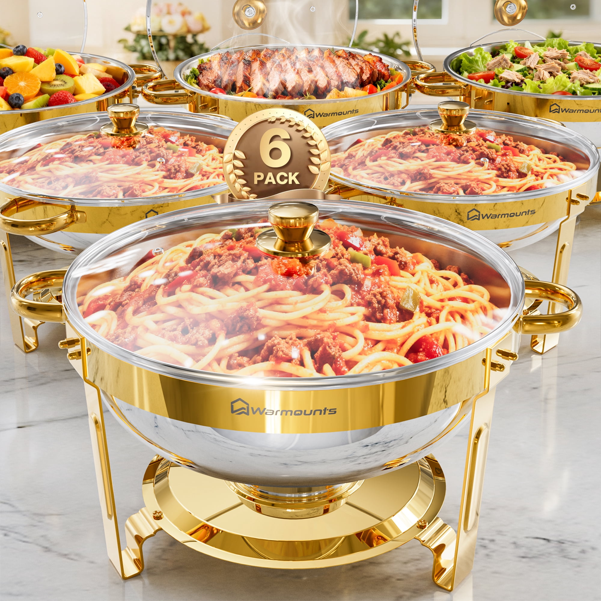WARMOUNTS Gold Chafing Dishes for Buffet 6 Pack, Stainless Steel