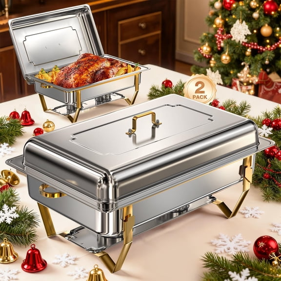 WARMOUNTS Gold Chafing Dishes for Buffet (9QT, 2 Pack) - Easy Assembly, Food-Grade Stainless Steel Chafers for Catering w/Rolled Rim Design, Foldable Frame, for Party, Banquet (Full Size Food Pan)