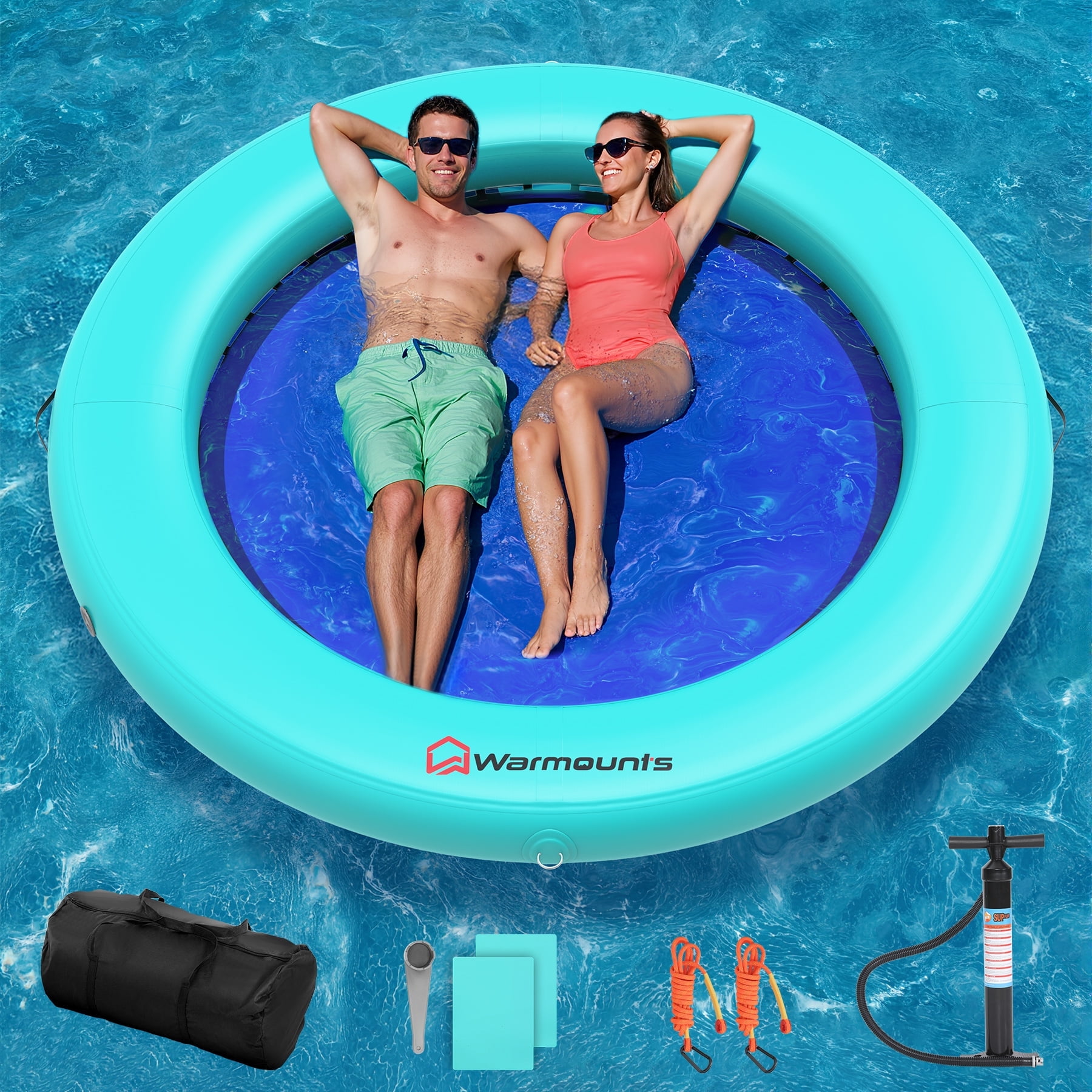 WARMOUNTS Inflatable Water Hammock Floating Dock, 6' x 6' Round Inflatable Raft for Water Recreation, Non-Slip Float Ring for Ocean Lake River Boat