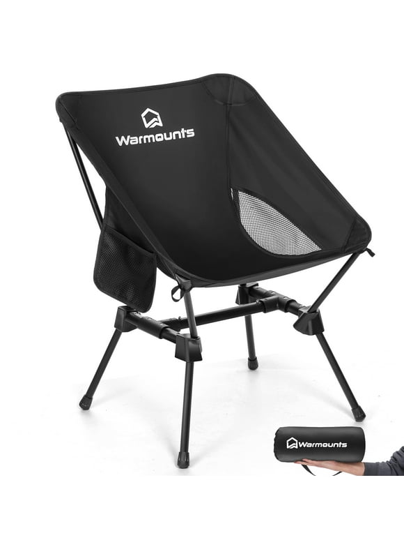 WARMOUNTS Portable Camping Chair, 400LBS Folding Backpacking Chair w/ Side Pocket Carrying Bag, Ultralight Compact Beach Chair for Picnic Hiking Fishing, Black