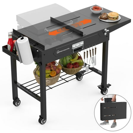 WARMOUNTS Portable Outdoor Grill Table Adjustable Length, Folding Grill Cart 400 lb Capacity, 37"x 17" Grill Stand with 4 Wheels, Side Table, Fit 11"-24" Grill, Pizza Oven Etc for Camping BBQ