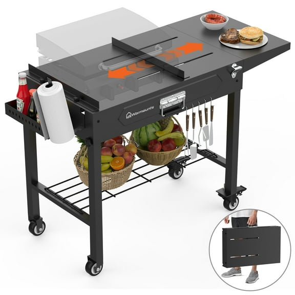 WARMOUNTS Portable Outdoor Grill Table Adjustable Length, Folding Grill Cart 400 lb Capacity, 37"x 17" Grill Stand with 4 Wheels, Side Table, Fit 11"-24" Grill, Pizza Oven Etc for Camping BBQ