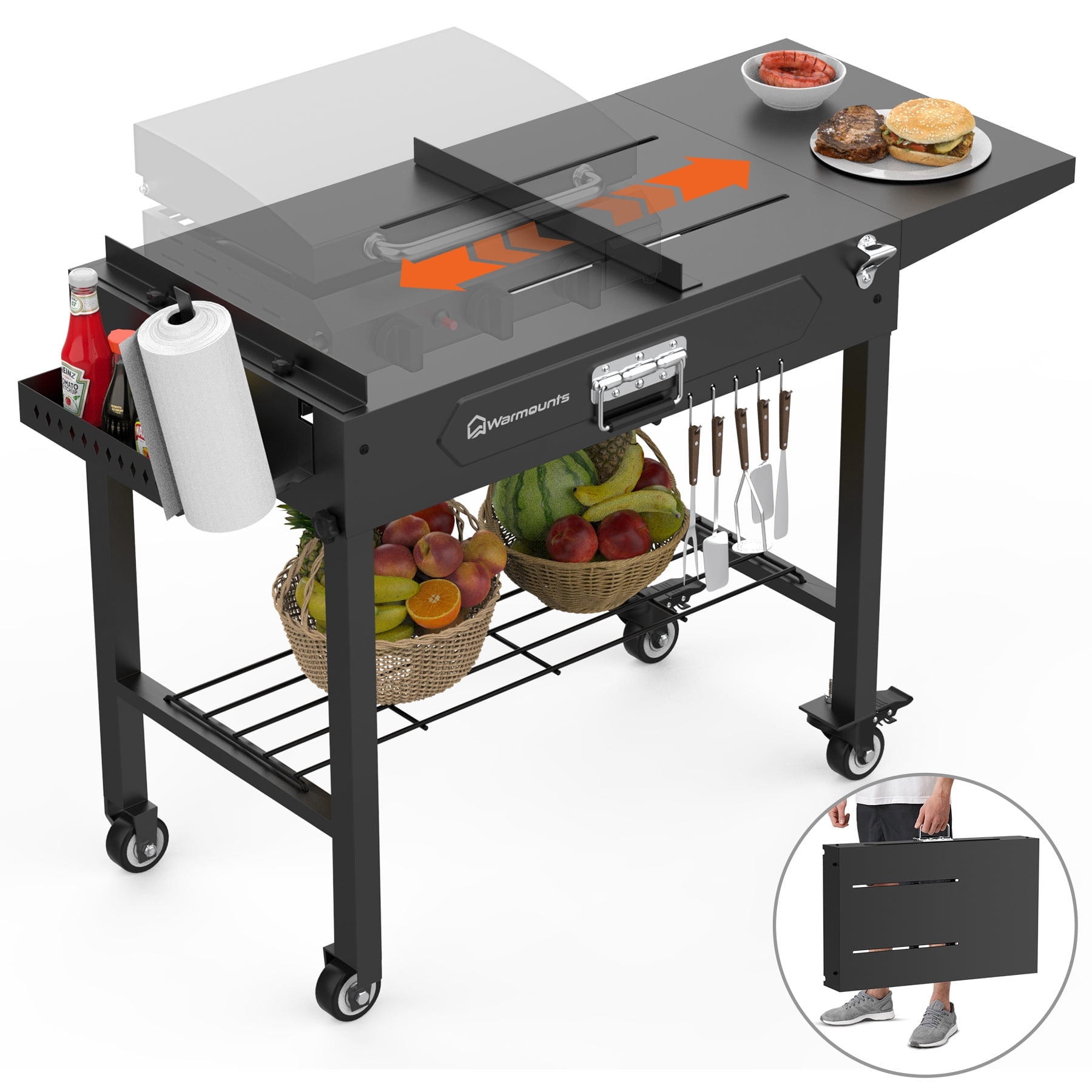 WARMOUNTS Portable Outdoor Grill Table Adjustable Length, Folding Grill Cart 400 lb Capacity, 37"x 17" Grill Stand with 4 Wheels, Side Table, Fit 11"-24" Grill, Pizza Oven Etc for Camping BBQ