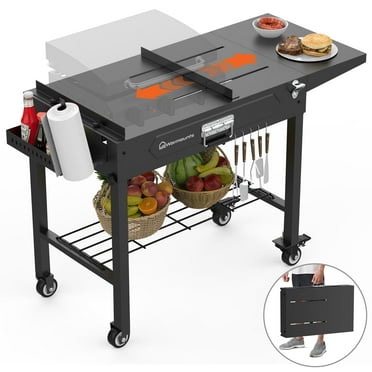 WARMOUNTS Portable Outdoor Grill Table Adjustable Length, Folding Grill Cart 400 lb Capacity, 37"x 17" Grill Stand with 4 Wheels, Side Table, Fit 11"-24" Grill, Pizza Oven Etc for Camping BBQ