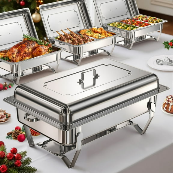 WARMOUNTS Rectangular Chafing Dishes for Buffet with Upgraded Multi-Size Food Pans (9QT, 4Pack), Large Chafing Dish Set w/Foldable Frame for Parties, Rolled Rim