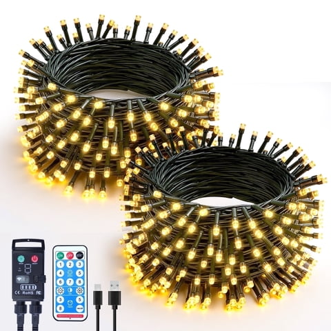 WARMTUYO 2 Pack LED String Lights Outdoor Waterproof- Total 200 LED 66FT With Remote, 8 Modes Warm White String Light for Outside Patio Yard Tree Garden Christmas Decorations