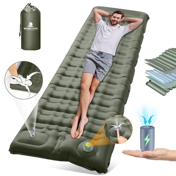 WARMTUYO Electric Self Inflating Sleeping Pad and Foot Pump, 78.74x26.77x4.72in Thickened Camping Mattress with Pillow, for Outdoor Hiking Traveling Cot Mats, Waterproof - Army Green