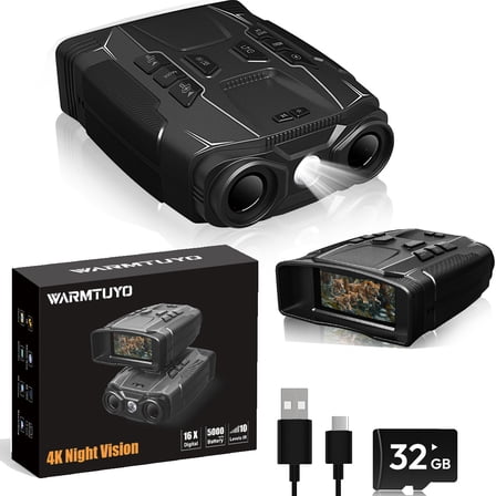 WARMTUYO Night Vision Binoculars, Infrared Night Vision Goggles with HD Video and Photo Modes, 32GB Card,with LED Flashlight for Camping & Security, Gifts for Men