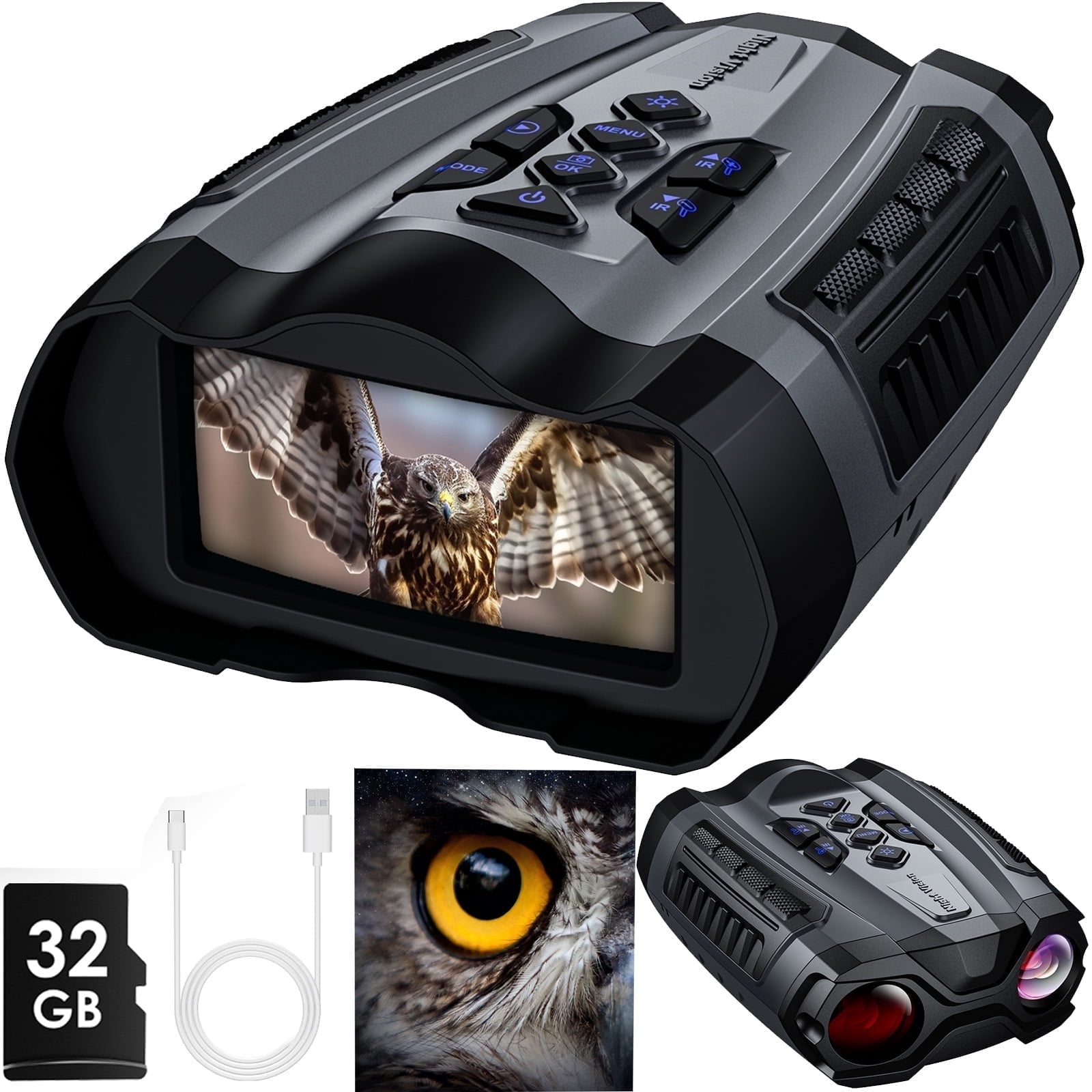 WARMTUYO Night Vision Goggles, 10X Digital Zoom, 9 Level Infrared Hunting Binoculars for Adults, 3.5" HD Display High Powerful Digital Binoculars, with 32GB TF Card  - Gray