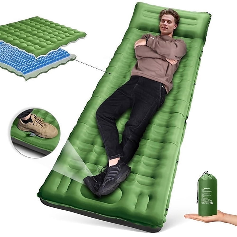WARMTUYO Sleeping Pad Inflating Built-in Foot Pump, 78.74x26.77x4.72in Thickened Camping Mats with Pillow, Waterproof Camping Mattress for Outdoor Hiking Camping Traveling Cot - Green