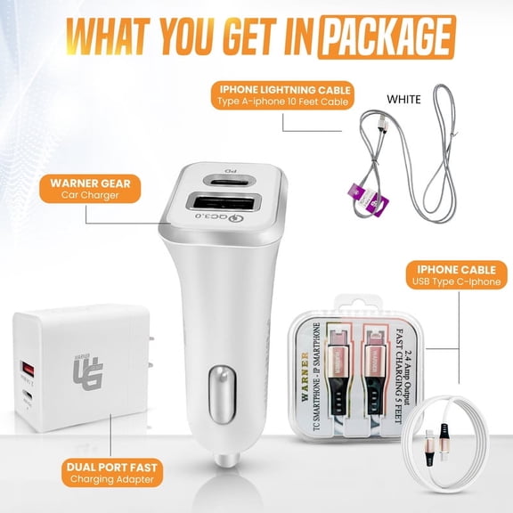 WARNER 4-in-1 iOS Fast Charging Combo Set | 5ft TC to Phone Cable, PD Wall Charger, Dual Car Charger & Bonus 10ft USB Cable