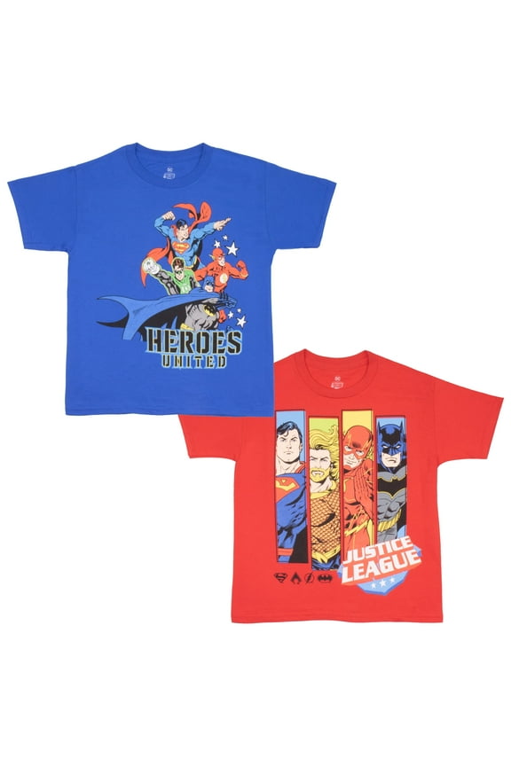 WARNER BROS Justice League Boys Graphic Tees Short Sleeve T Shirts Justice League Graphic Print T Shirt 2 Pack Boys Tees (Sizes 4-18)