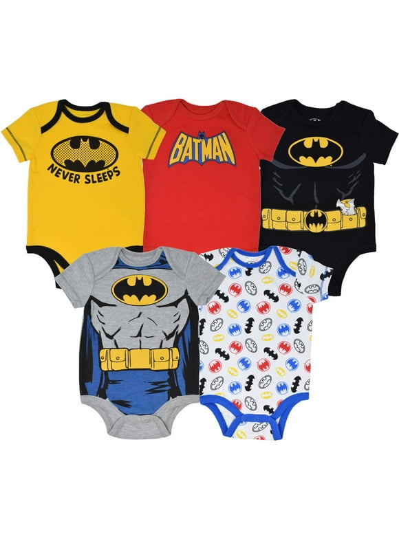 WARNER BROS Justice League DC Comics Batman Newborn Baby Boys 5 Pack Bodysuits Newborn to Infant