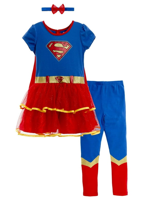 WARNER BROS Justice League Supergirl Infant Baby Girls Costume Dress Leggings Cape and Headband 4 Piece Set Newborn to Big Kid