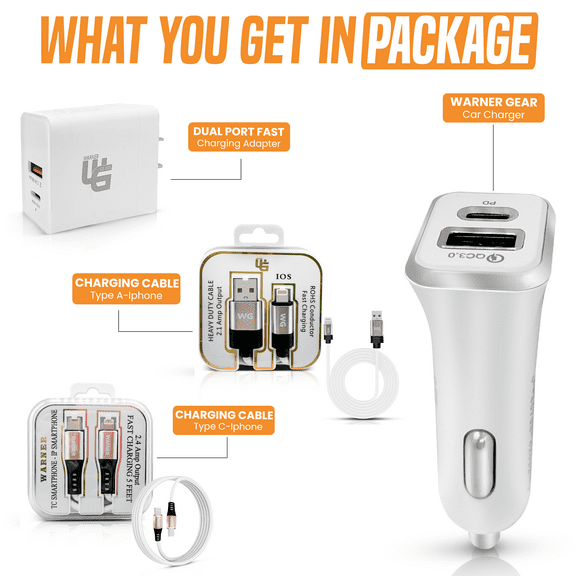 WARNER Charging Essentials Set | Heavy Duty USB & TC to Phone Cables + PD Wall Charger + Dual USB Car Charger