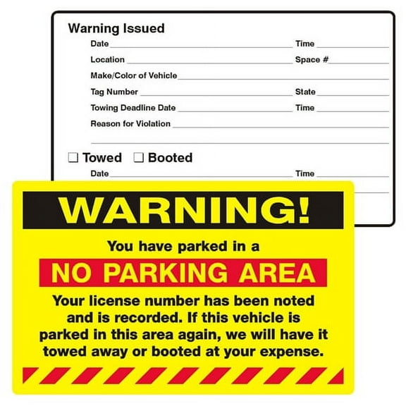 WARNING, PARKED IN A NO PARKING AREA, No-Parking Stickers (PK2055FY), 8" x 5", Scrape to Remove - PACK OF 50