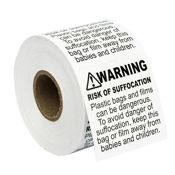 WARNING - RISK OF SUFFOCATION (FBA-approved) Pre-Printed Labels/Stickers (2" x 2") 2 Rolls / 500 Labels per Roll