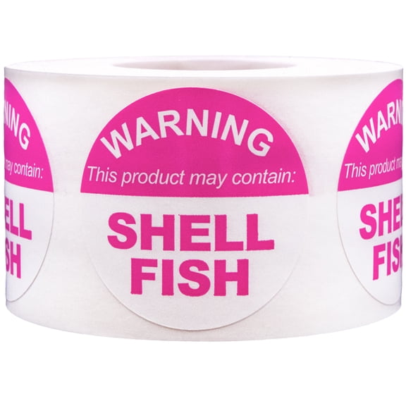 "WARNING This Product May Contain SHELLFISH" Labels | 1.5" Inch Round | 500 Pack