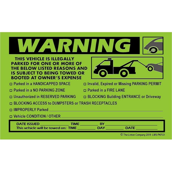 "WARNING, THIS VEHICLE IS ILLEGALLY PARKED…LISTED REASONS:" Stick-on Labels, 8" x 5", Fluorescent Green and Black, Adhesive Backing - Pack of 50 Labels