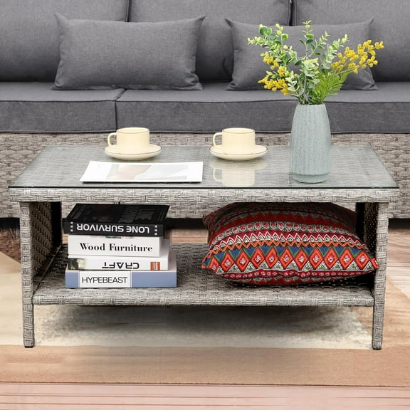 WAROOM Outdoor PE Wicker Coffee Table - Patio Rattan Garden Side End Tea Table with Glass Top Furniture, Grey
