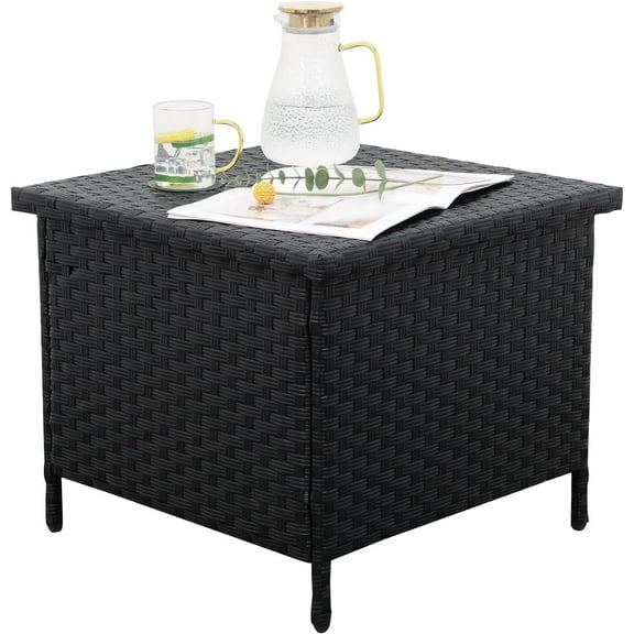 WAROOM Outdoor PE Wicker Side Table with Storage Patio End Table Resin Rattan Storage Table for Garden Backyard Porch Poolside, Black
