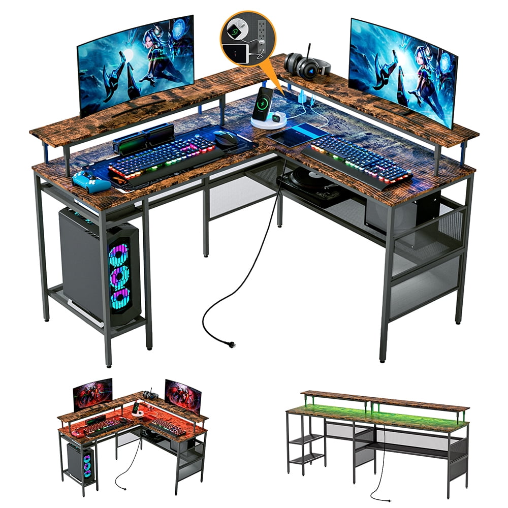 Eyerson L-Shape Gaming Desk with Built in Outlets 17 Stories Color (Top/Frame): Brown/Black, Size: 33.30 H x 55.11 W x 31.50 D