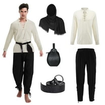 WASFDN 5 Pcs Men's Renaissance Costume Medieval Pirate Shirt Ankle Banded Pants Viking Costume Accessories Set,Style 1,S