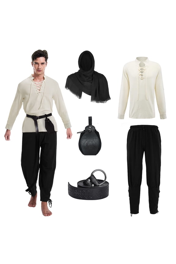 5 Pcs Men's Renaissance Costume Medieval Pirate Shirt Ankle Banded Pants Viking Costume Accessories Set,Style 1,S