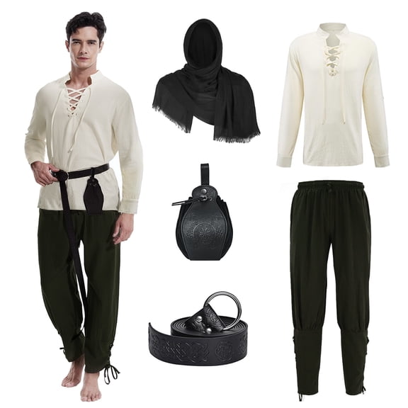 WASFDN 5 Pcs Men's Renaissance Costume Medieval Pirate Shirt Ankle Banded Pants Viking Costume Accessories Set,Style 2,M
