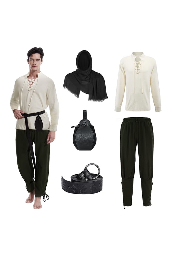 5 Pcs Men's Renaissance Costume Medieval Pirate Shirt Ankle Banded Pants Viking Costume Accessories Set,Style 2,M