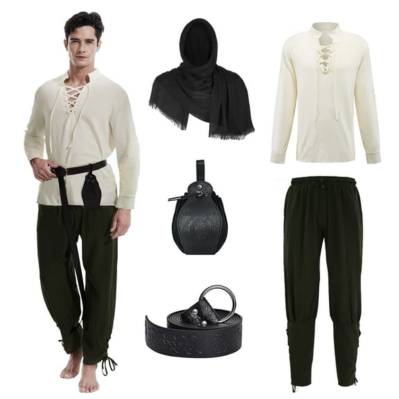 WASFDN 5 Pcs Men's Renaissance Costume Medieval Pirate Shirt Ankle Banded Pants Viking Costume Accessories Set,Style 2,S